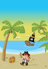 Wall Mural - Cartoon pirate boy on a beautiful tropical beach