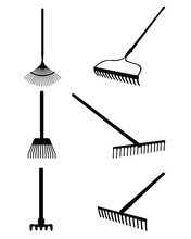 Black Silhouettes Of Rake On A White Background, Vector
