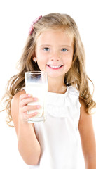 Poster - Smiling little girl drinking milk isolated