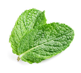 Wall Mural - Two fresh mint leaves isolated on white background. Studio macro