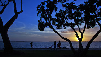 Family Sunset Silhouette while walking at Bayside Park