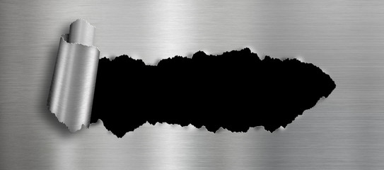 Wall Mural - metal background with isolated black ripped hole for your image