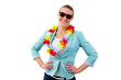 © Wisiel - woman with hawaii girlands and sunglasses smiling
