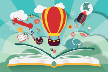 Imagination concept - open book with air balloon, rocket