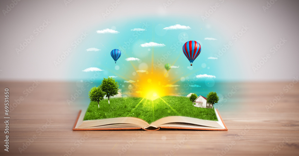 Open book with green nature world coming out of its pages - obrazy, fototapety, plakaty 