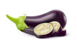 Isolated eggplant. Whole eggplant and slices over white background, with clipping path