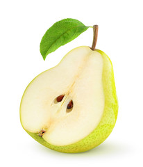 Wall Mural - Isolated pear. Half of yellow pear with leaf over white background, with clipping path