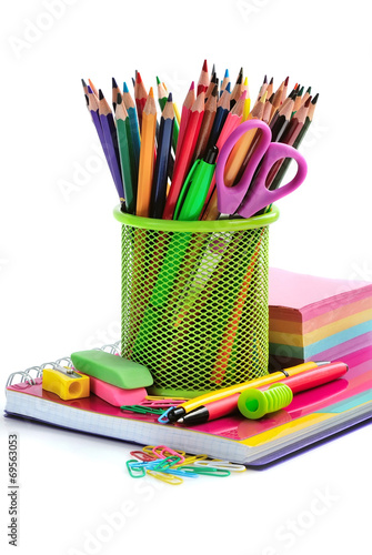 Fotografie, Obraz Holder basket and office supplies isolated on white background