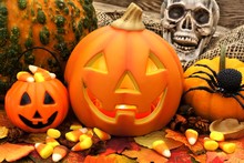 Halloween Jack O Lantern Scene With Candy And Decor