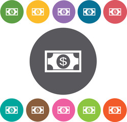 Dollar bill icons set. Round colourful 12 buttons. Vector illust