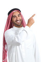 Wall Mural - Arab saudi promoter man pointing at side