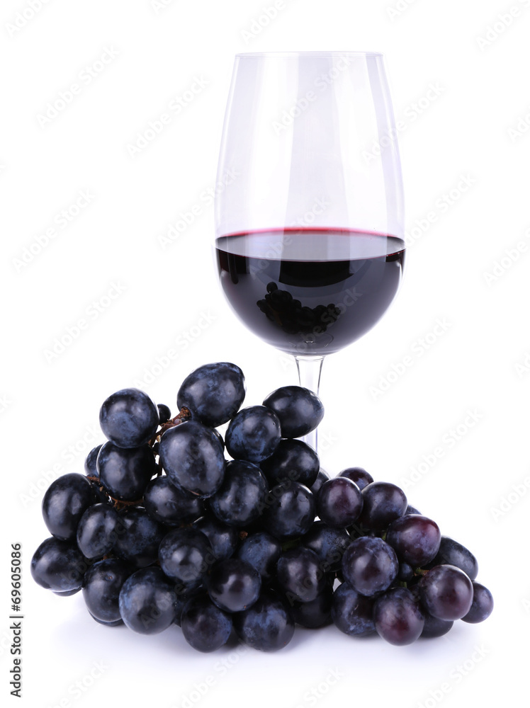 Tasty wine and ripe grape, isolated on white