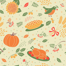 Seamless Pattern With Pumpkins, Leaves, Wheat And Turkey.