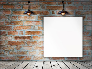 Blank frame on brick wall and wood floor for information message