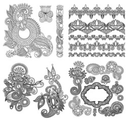 Sticker - black line art ornate flower design collection, ukrainian ethnic