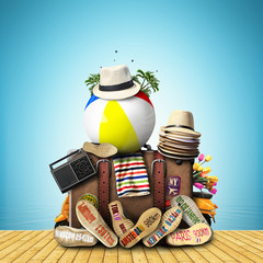 Wall Mural - travel, retro suitcase with travel hats and old shoes