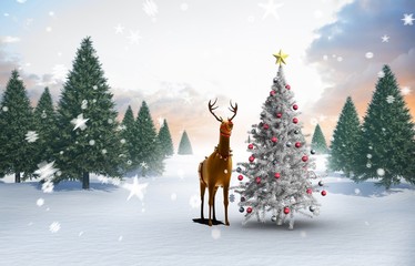 Poster - Composite image of christmas tree and reindeer