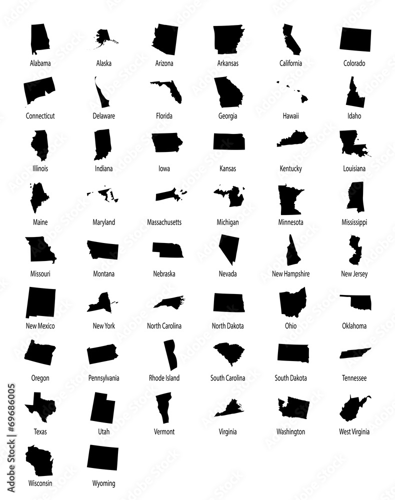 Illustration of all 50 states of america on white background - obrazy, fototapety, plakaty 