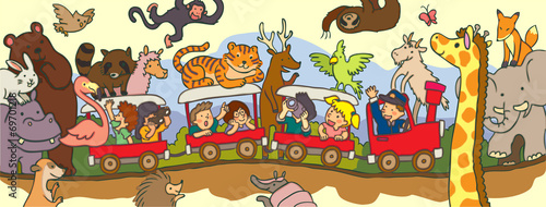 Plakat na papierze fotorealistycznym Dzieci podróżują przez safari pociągiem z czarnym rysunkiem linii