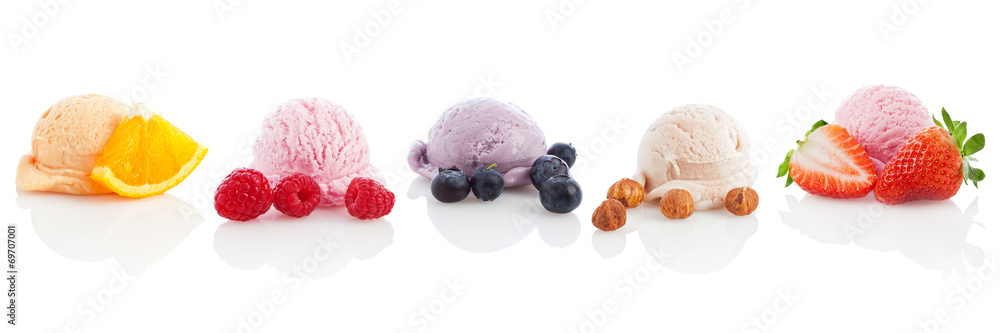 Ice cream and sorbet scoops variety isolated on white background - obrazy, fototapety, plakaty 