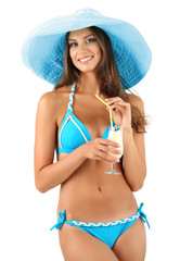 Wall Mural - Beautiful young woman in swimsuit and hat isolated on white