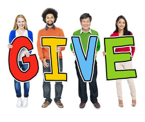 Sticker - Multiethnic People Holding Letter with Give Concept