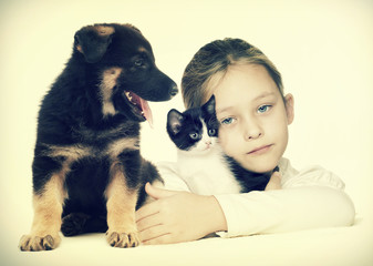 Wall Mural - child and kitten and puppy