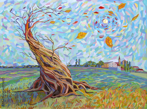 Naklejka na szybę landscape with tree in graphics style