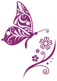 Fototapeta Motyle - Inwrought butterfly silhouette and flower branch