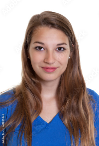 Passbild einer blonden Frau im blauen Shitrt Fototapet