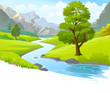 River flowing through mountains and scenic green fields