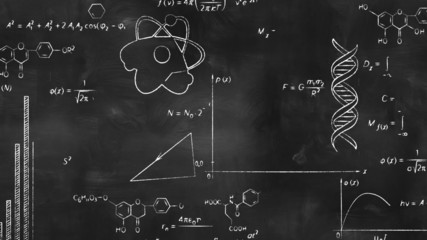 Wall Mural - writing scientific formulas on black chalkboard