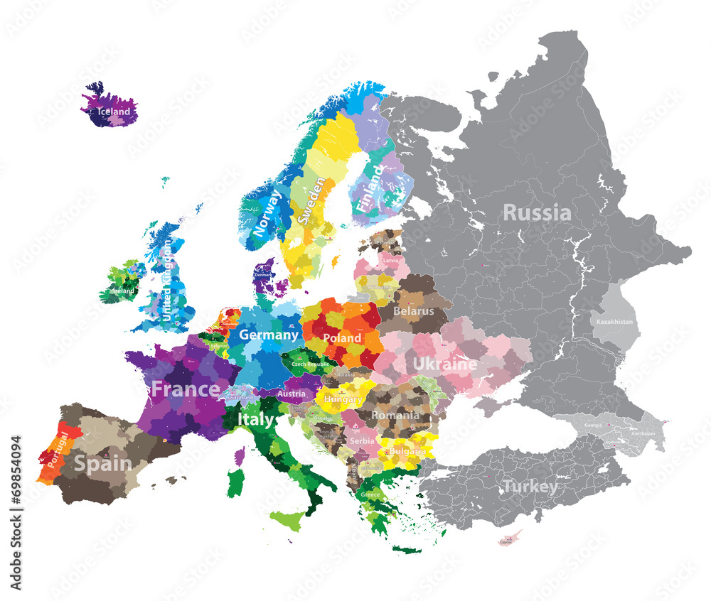 vector Europe map colored by countries and regions Stock Vector | Adobe ...