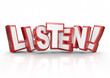 Listen Word 3d Red Letters Pay Attention Important Information