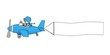 little sketchy man flying in a blue plane with banner