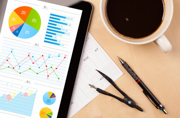 Wall Mural - tablet pc shows charts on screen with a cup of coffee on a desk