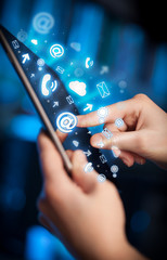 Poster - Hand touching tablet pc, social media concept