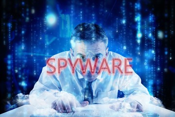 Poster - Spyware against lines of blue blurred letters falling