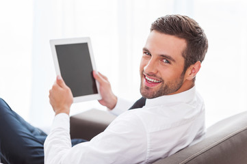 Poster - Happy with his new gadget.