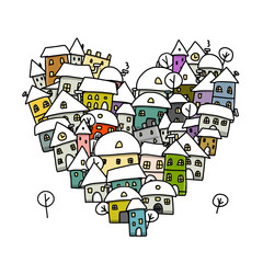 Poster - Winter city of love, heart shape sketch for your design