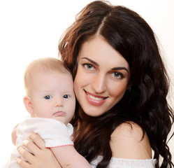 The happy mother with baby on white background