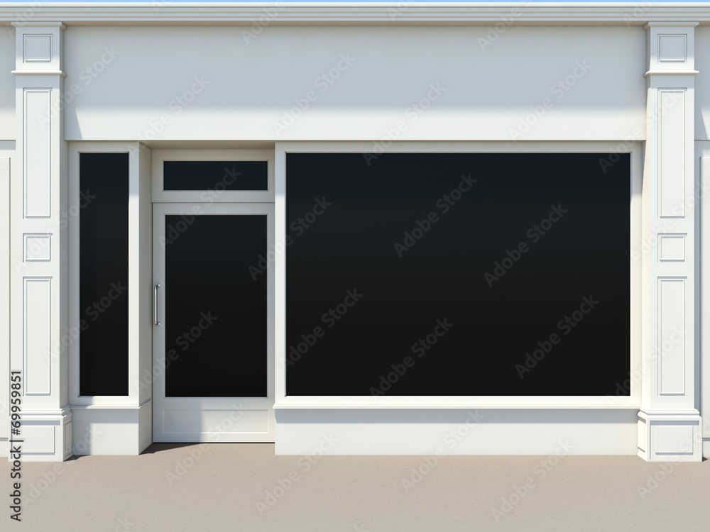 Shopfront with large windows. White store facade. - obrazy, fototapety, plakaty 