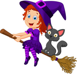 Cartoon young witch flying on her broom