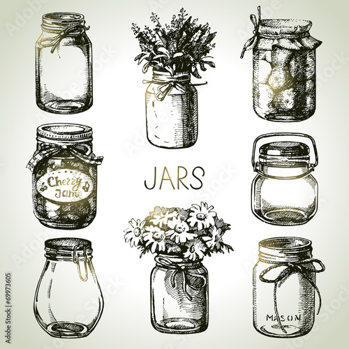 Fényképezés Rustic, mason and canning jars hand drawn set. Sketch design