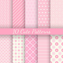 Cute Different Vector Seamless Patterns. Pink And White Color