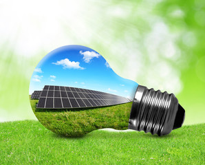 Wall Mural - solar panels in light bulb. green energy concept.