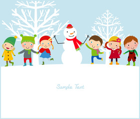 Wall Mural - happy kids and snowman