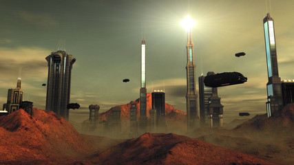 Wall Mural - Futuristic sci-fi city street view, 3d digitally illustration