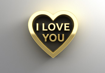 I Love You in heart - gold 3D quality render on the wall backgro