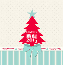 Christmas Greeting Card With Red Tree And Blue Ribbon